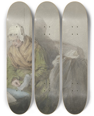 Triptych art skateboard deck of Angilbert Gbel Old Woman By Lamplight by Angilbert Gobel (1821-1882)