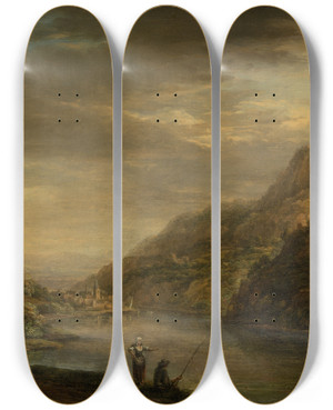 Triptych art skateboard deck of Christian Georg Schtz The Elder Mountainous River Landscape With Rainbow by Christian Georg Schtz the elder (1718-1791)