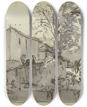 Triptych art skateboard deck of Wilhelm Von Kobell Ein Rasthaus Im Vordergrund Tiere Am Wasser by Wilhelm von Kobell (1766-1853)