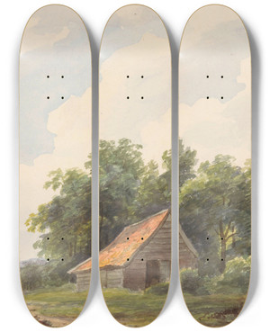 Triptych art skateboard deck of Andreas Schelfhout Landschap Met Schuur En In De Verte Een Herder Met Schapen by Andreas Schelfhout (1787-1870)