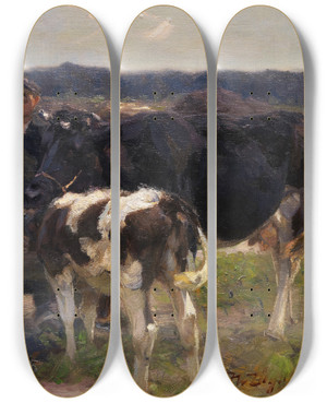 Triptych art skateboard deck of Heinrich Von Zgel Khe Und Hirte An Der Trnke by Heinrich Von Zugel (1850-1941)