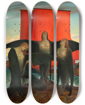 Triptych art skateboard deck of Anna Berent Symbolic Scene Against The Sea by Anna Berent (1871-1944)
