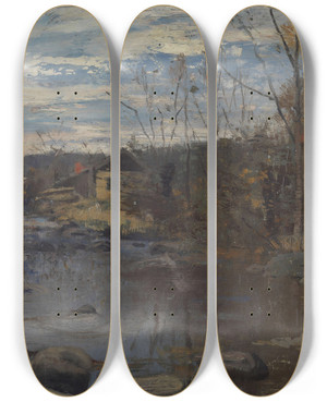 Triptych art skateboard deck of Frederik Collett From Sandvikselven by Frederik Collett (1839-1914)
