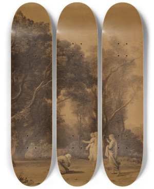 Triptych art skateboard deck of Johann Wilhelm Schirmer Abraham Empfngt Die Verheiung Isaaks Im Hain Mamre 1 Mose 15 1Ff by Johann Wilhelm Schirmer (1807-1863)