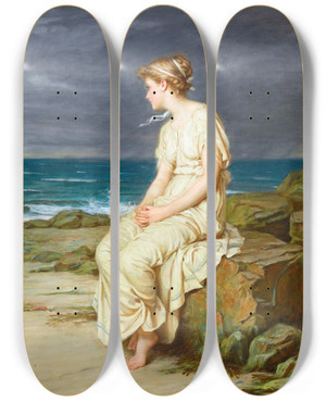 Triptych art skateboard deck of John William Waterhouse Miranda by John William Waterhouse (1849-1917)