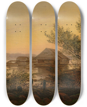 Triptych art skateboard deck of Carl Gustav Carus Ship Mill On The Elbe Near Dresden_2 by Carl Gustav Carus (1789-1869)