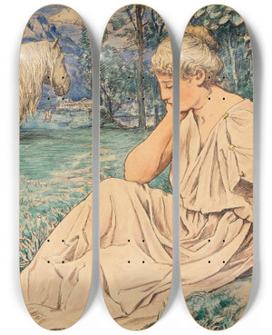 Triptych art skateboard deck of Hans Thoma Schimmel Und Sitzende by Hans Thoma (1839-1924)