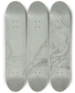 Triptych art skateboard deck of Giovanni Battista Salvi Da Sassoferrato Seated Virgin And Child And Kneeling Child by Giovanni Battista Salvi Da Sassoferrato (1609-1685)