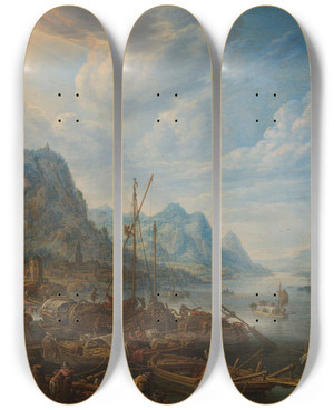 Triptych art skateboard deck of Herman Saftleven Riviergezicht Met Aanlegplaats by Herman Saftleven (1609-1685)
