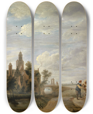 Triptych art skateboard deck of David Teniers The Younger Landscape With Staffage Figures by David Teniers The Younger (1610-1690)