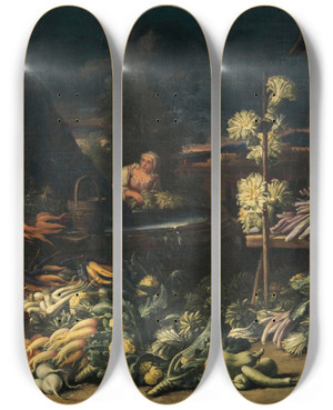 Triptych art skateboard deck of Francesco Della Questa Fruit Sellers By A Fountain With Vegetables And Flowers by Francesco della Questa (1652-1723)
