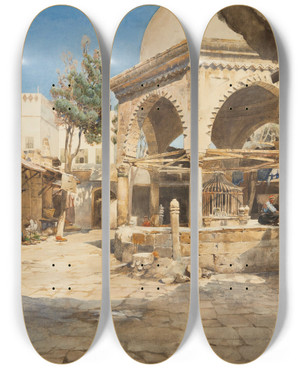 Triptych art skateboard deck of Gustav Bauernfeind A Well In Jaffa by Gustav Bauernfeind (1848-1904)