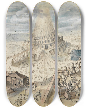 Triptych art skateboard deck of Friedrich Brentel Turmbau Zu Babel by Friedrich Brentel (1580-1651)