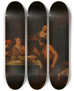Triptych art skateboard deck of David Ryckaert Iii Le Satyre Et Les Paysans by David Ryckaert Iii (1612-1661)