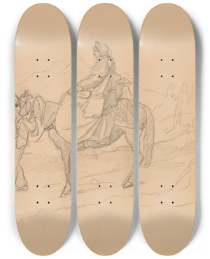 Triptych art skateboard deck of Jzef Simmler A Woman On A Horse Led By A Man In Fez by Jozef Simmler (1823-1868)