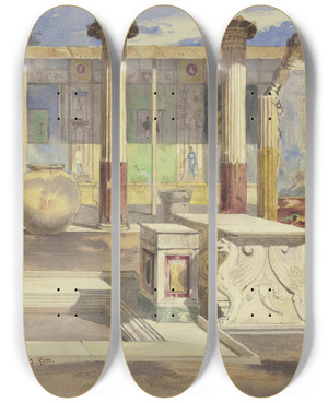 Triptych art skateboard deck of Carl Friedrich Heinrich Werner Die Casa De Meleagro In Pompeji by Carl Friedrich Heinrich Werner (1808-1894)