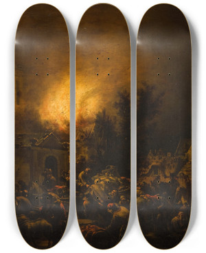 Triptych art skateboard deck of Egbert Van Der Poel Fire In The City by Egbert van der Poel (1621-1664)