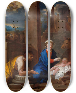 Triptych art skateboard deck of Nicolaspierre Loir The Adoration Of Thesheperds by Nicolas Pierre Loir (1624-1679)
