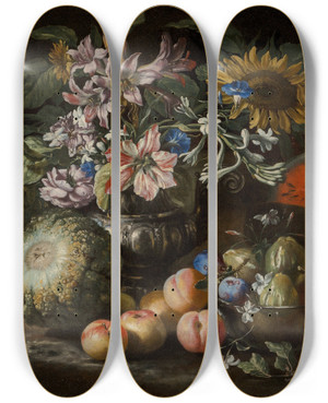 Triptych art skateboard deck of Abraham Brueghel A Still Life Of Fruit And Flowers In A Footed Gadrooned Silver Vase With A Spaniel Looking On by Abraham Brueghel (1631-1697)