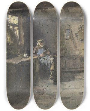 Triptych art skateboard deck of Ferdinand Balzer Alter Sitzender Mann In Einfachem Wohnraum Lesend by Ferdinand Balzer (1872-1916)