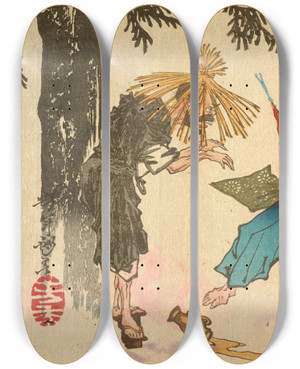 Triptych art skateboard deck of Tsukioka Yoshitoshi Tadamori And The Oil Thief by Tsukioka Yoshitoshi (1839-1892)
