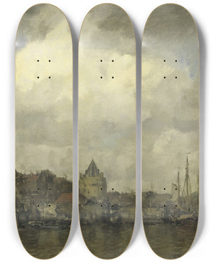Triptych art skateboard deck of Jacob Maris De Schreierstoren Aan De Buitenkant Te Amsterdam by Jacob Maris (1837-1899)
