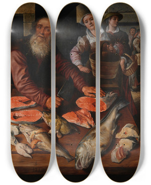Triptych art skateboard deck of Joachim Beuckelaer Fish Market_1 by Joachim Beuckelaer (1530-1574)