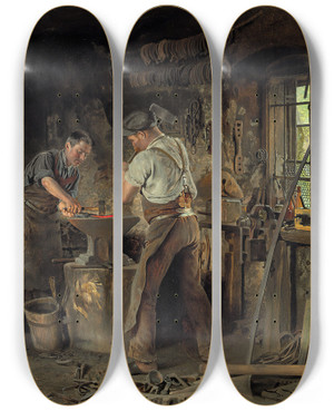Triptych art skateboard deck of Johann Hamza The Blacksmiths Forge by Johann Hamza (1850-1927)