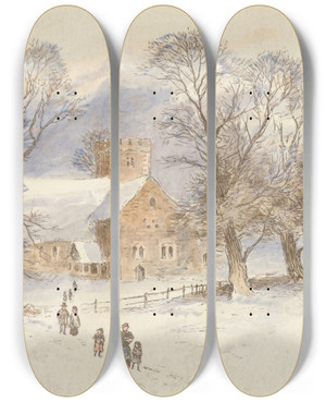 Triptych art skateboard deck of Alfred W Cooper Christmas Tail Piece by Alfred W Cooper