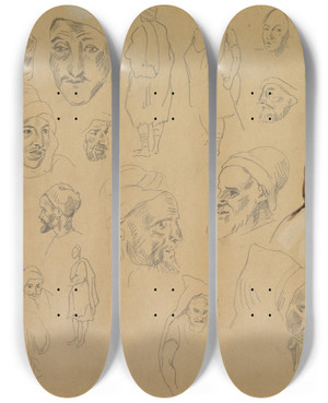 Triptych art skateboard deck of Eugne Delacroix Studies Of Arab Heads And Figures by Eugene Delacroix (1798-1863)