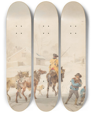 Triptych art skateboard deck of Wilhelm Von Kobell Postilion On Horse In A Winter Landscape by Wilhelm von Kobell (1766-1853)