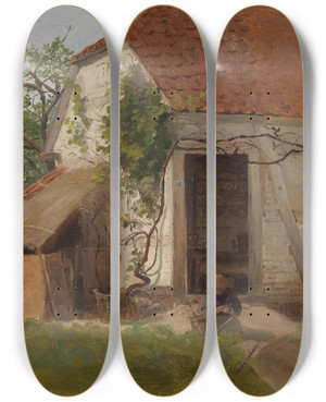 Triptych art skateboard deck of Adolph Tidemand Farm At Goldsheim by Adolph Tidemand (1814-1876)