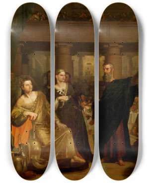 Triptych art skateboard deck of Washington Allston Belshazzars Feast by Washington Allston (1779-1843)