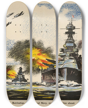 Triptych art skateboard deck of Roland Davies Battleships Of The Royal Navy by Roland Davies (1904-1993) Triptych art skateboard deck of Roland Davies Battleships Of The Royal Navy by Roland Davies (1904-1993)