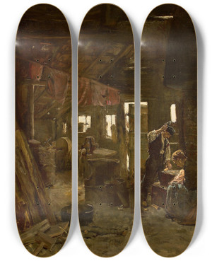 Triptych art skateboard deck of Max Liebermann Zimmermannswerkstatt Die Familie Des Holzhackers_1 by Max Liebermann (1847-1935)