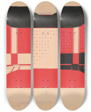 Triptych art skateboard deck of Winold Reiss Design For Unidentified Building Small Dining Room Drawing Of Dining Room With Benches In Black Vermillion And White Bilaterally Positive And Negative Coloring by Winold Reiss (1886-1953)