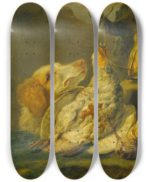 Triptych art skateboard deck of Jan Fyt Still Life With Hunting Dog And Dead Fowl by Jan Fyt (1611-1661)