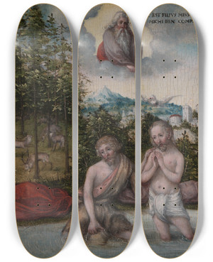 Triptych art skateboard deck of Lucas Cranach The Elder The Baptism Of Christ by Lucas Cranach The Elder (1472-1553)