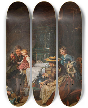 Triptych art skateboard deck of Felix Schlesinger Familienszene by Felix Schlesinger (1833-1910)