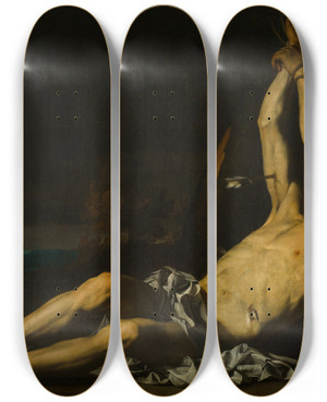 Triptych art skateboard deck of Jusepe De Ribera Martyrdom Of St Sebastian by Jusepe de Ribera (1591-1652)