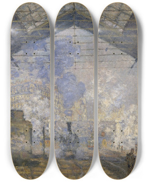 Triptych art skateboard deck of Claude Monet The Saintlazare Station by Claude Monet (1840-1926)