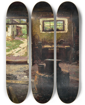 Triptych art skateboard deck of Konstantin Stoitzner Dorfschmiede In Faistenau by Konstantin Stoitzner (1863-1934)