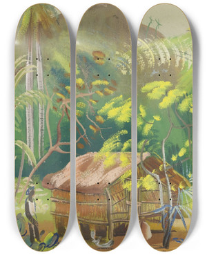 Triptych art skateboard deck of Boris Grigoriev Native Hut Brazil by Boris Grigoriev (1886-1939)