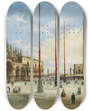 Triptych art skateboard deck of Giovanni Grubacs Vue De Venise by Giovanni Grubacs (1829-1919)