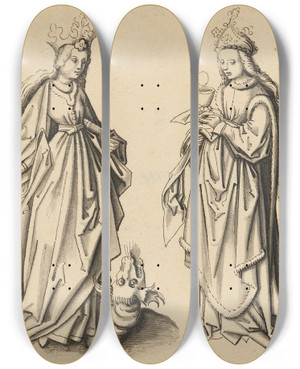 Triptych art skateboard deck of Workshop Of Hans Holbein The Elder St Margarethe And Barbara by Workshop of Hans Holbein the elder (1460-1524)