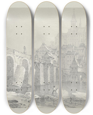 Triptych art skateboard deck of Carl Morgenstern Stdtchen Mit Schlo An Einem Flu Gelegen by Carl Morgenstern (1811-1893)