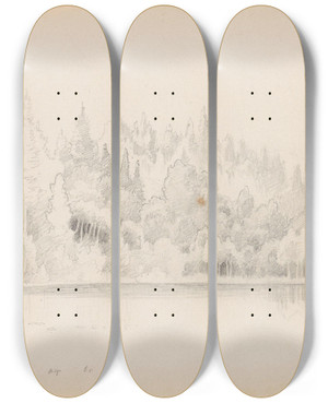 Triptych art skateboard deck of Hans Gude Fra Semsvannet by Hans Gude (1825-1903)