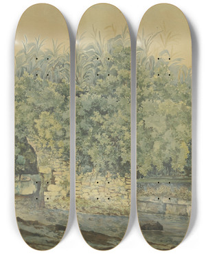 Triptych art skateboard deck of Jakob Philipp Hackert Verfallene Steinbrcke Ber Einen Bach Von Bschen Und Pflanzen Berwuchert by Jakob Philipp Hackert (1737-1807)