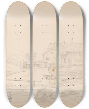 Triptych art skateboard deck of Adolph Tidemand Fra Nevlunghavn by Adolph Tidemand (1814-1876)