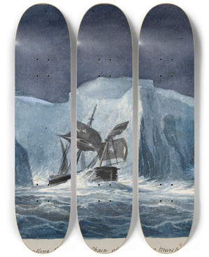Triptych art skateboard deck of Charles Hamilton Smith The Erebus Passing Through The Chain Of Icebergs by Charles Hamilton Smith (1776-1859)